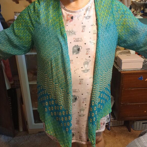 Catherine's Sheer S/S Open Front Kimono Blouse  3X 26-28 WP Geometric Print - Picture 6 of 11